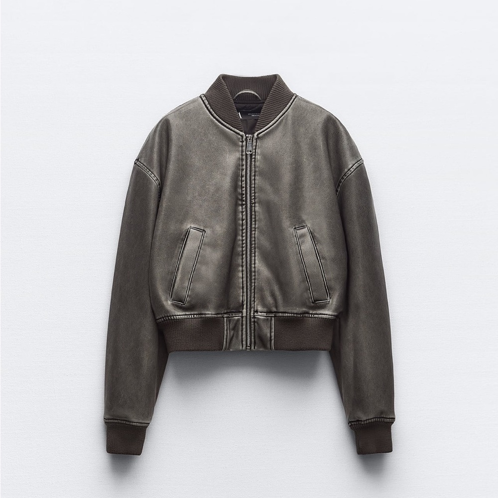Distressed faux leather bomber
